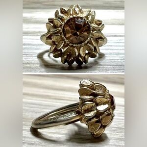 Antique Gold Tone Designer Signed AVON Radiance Amber Gemstone Ring, Size 5